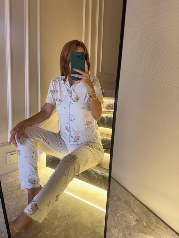 Kadın Bej Sleepy Kitty Fiyonklu Alt Uzun Pijama Takım