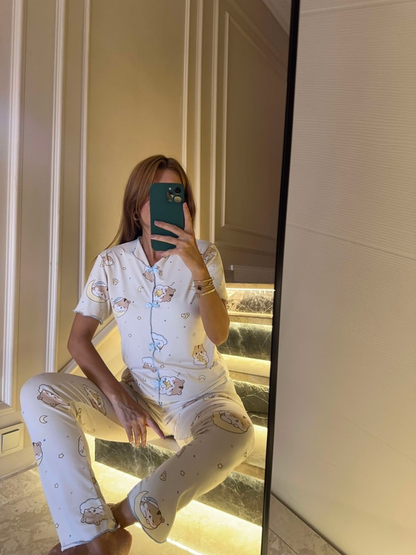Kadın Bej Sleepy Kitty Fiyonklu Alt Uzun Pijama Takım