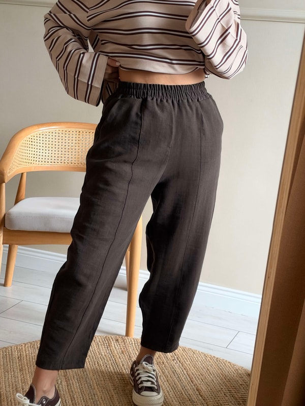 Kadın Beli Lastikli Barrel Pantolon - Acı Kahve