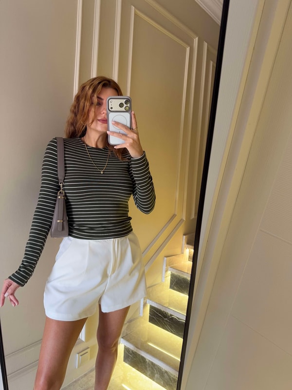 Kadın Bis Yaka Çizgili Viskon Body - Haki