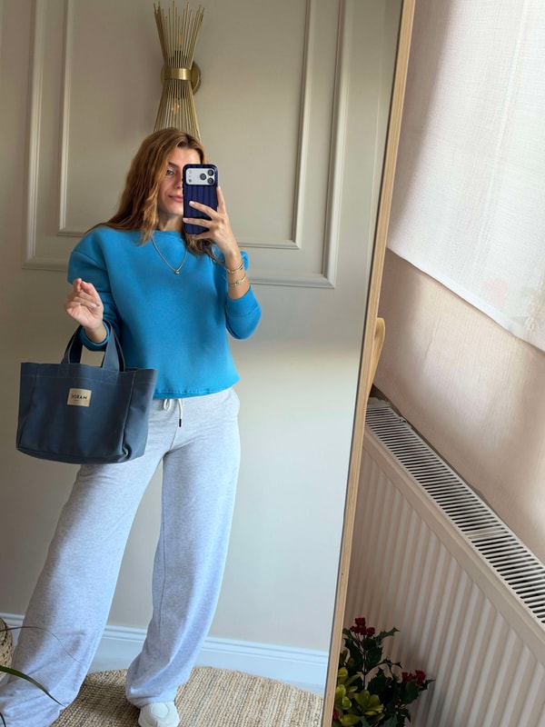 Kadın Bisiklet Yaka Şardonlu Sweatshirt - Mavi