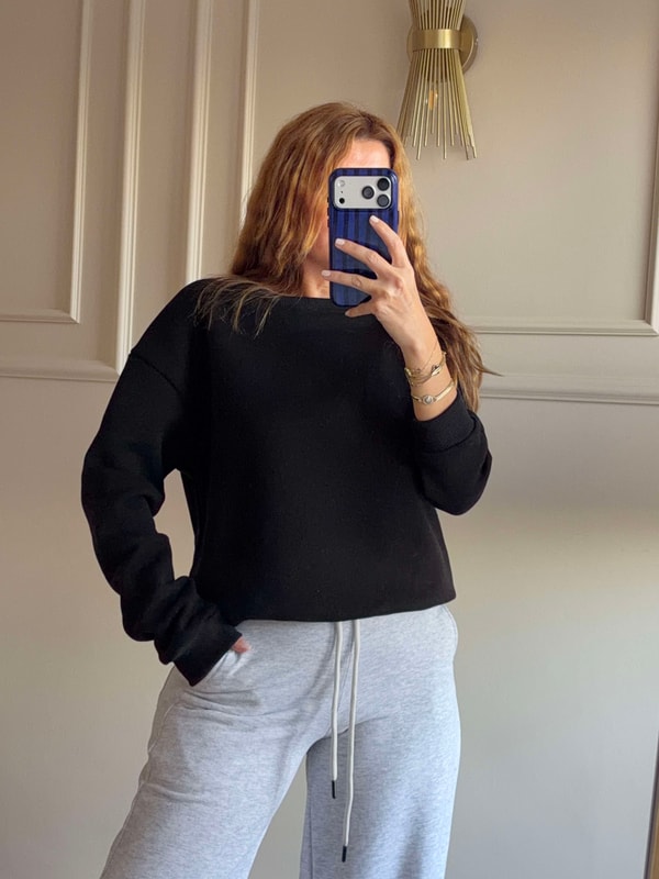 Kadın Bisiklet Yaka Şardonlu Sweatshirt - Siyah