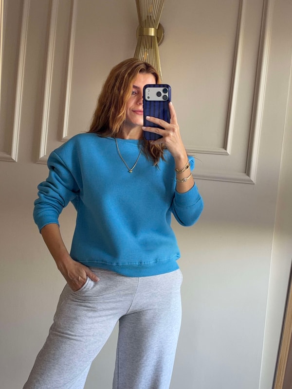 Kadın Bisiklet Yaka Şardonlu Sweatshirt - Mavi