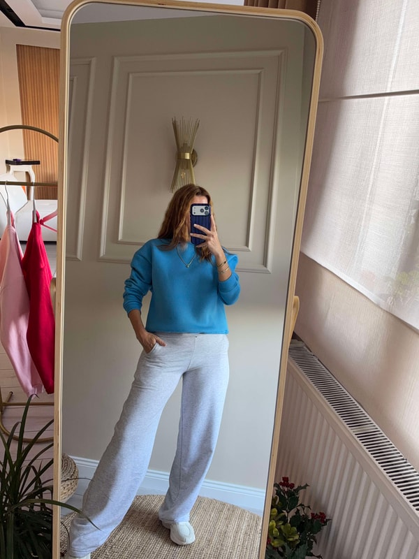 Kadın Bisiklet Yaka Şardonlu Sweatshirt - Mavi