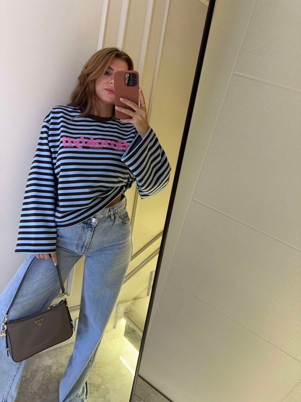 Kadın Brooklyn Baskılı Çizgili Sweatshirt - Mavi