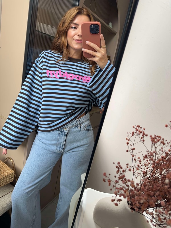 Kadın Brooklyn Baskılı Çizgili Sweatshirt - Mavi