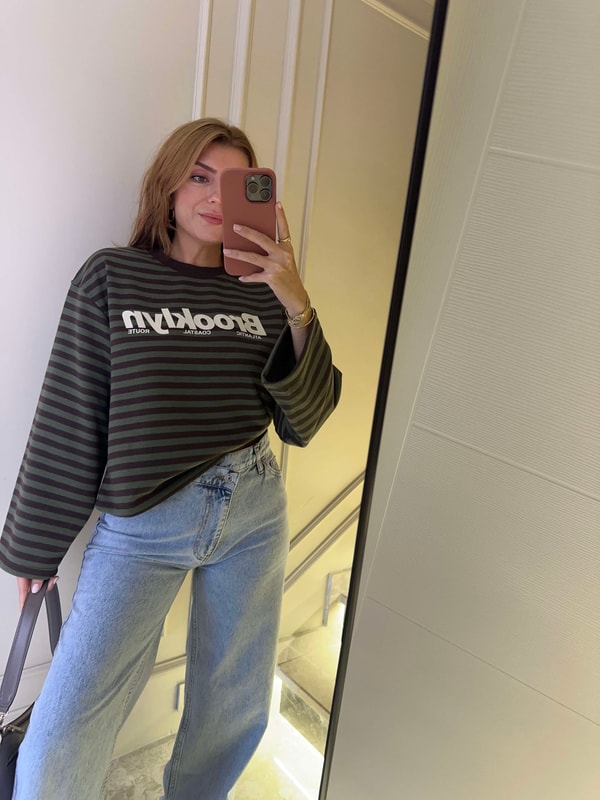 Kadın Brooklyn Baskılı Çizgili Sweatshirt - Haki