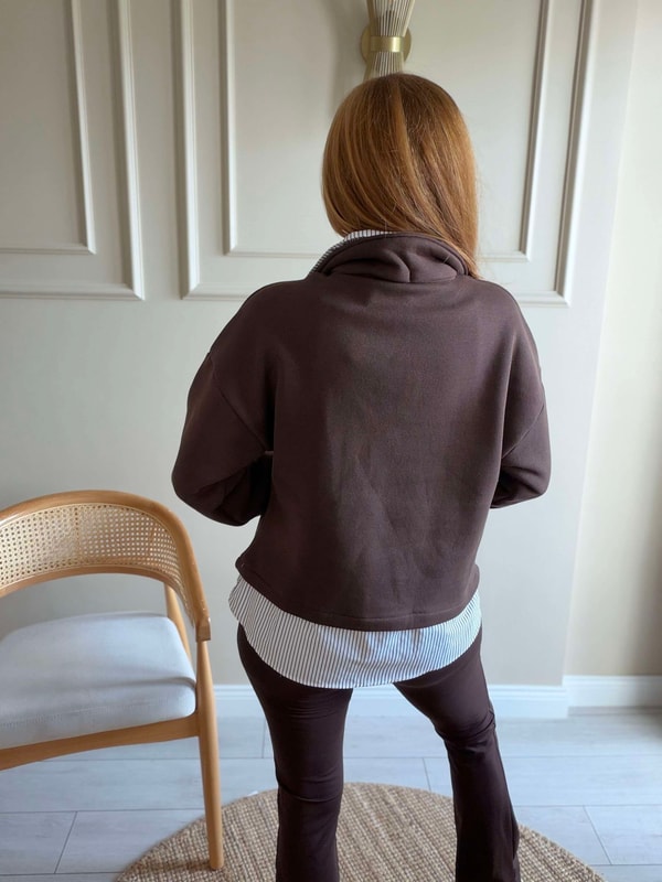 Kadın Çizgili Gömlek Yaka Sweatshirt - Acı Kahve