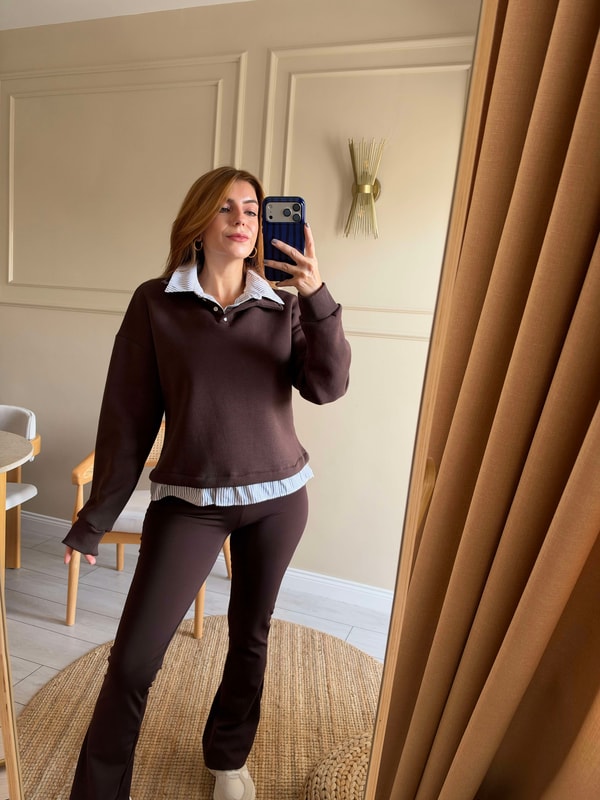 Kadın Çizgili Gömlek Yaka Sweatshirt - Acı Kahve