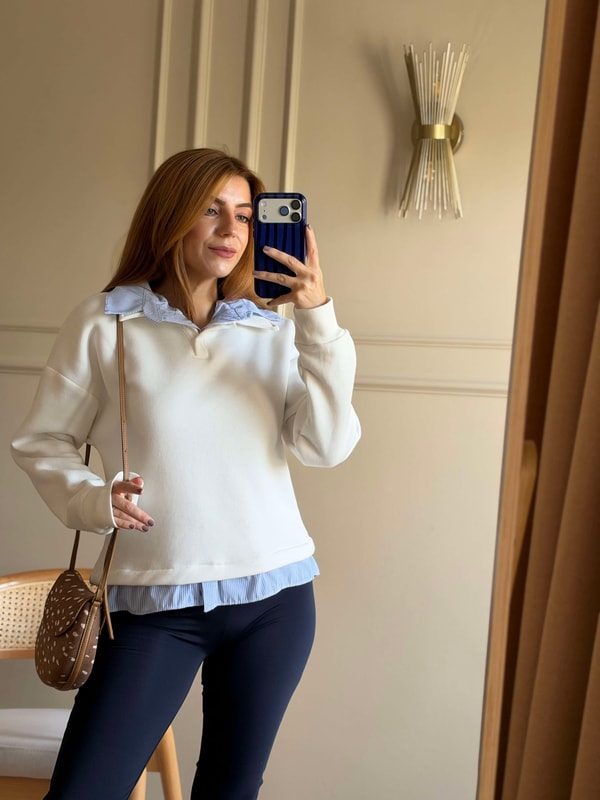 Kadın Çizgili Gömlek Yaka Sweatshirt - Beyaz