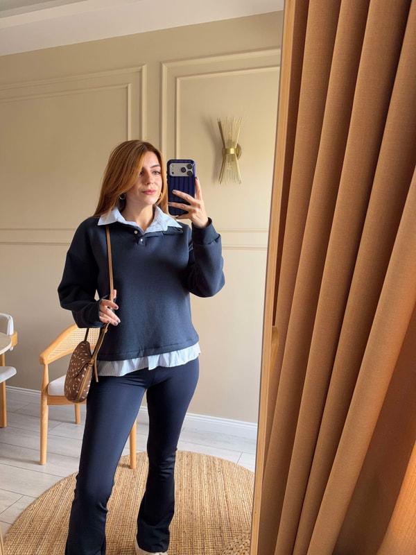 Kadın Çizgili Gömlek Yaka Sweatshirt - Lacivert