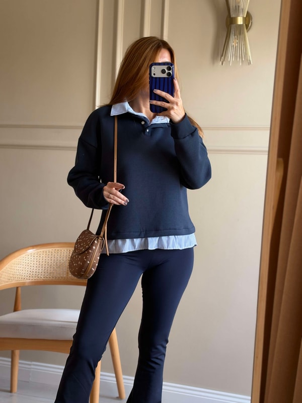 Kadın Çizgili Gömlek Yaka Sweatshirt - Lacivert
