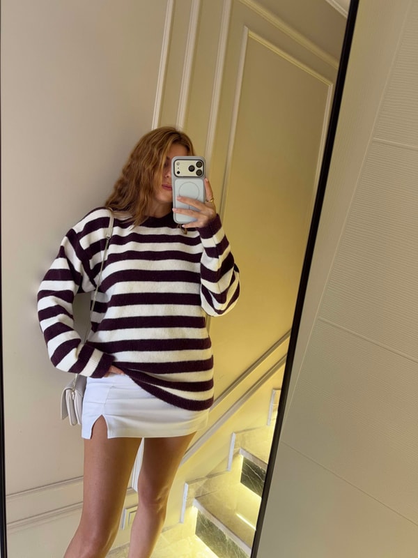 Kadın Çizgili Oversize Kazak - Mürdüm