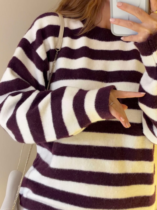Kadın Çizgili Oversize Kazak - Mürdüm
