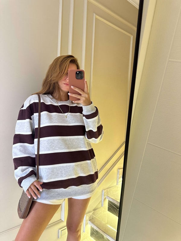 Kadın Çizgili Oversize Sweatshirt - Bordo