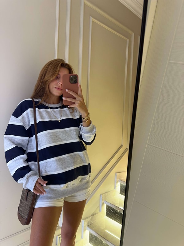 Kadın Çizgili Oversize Sweatshirt - Lacivert