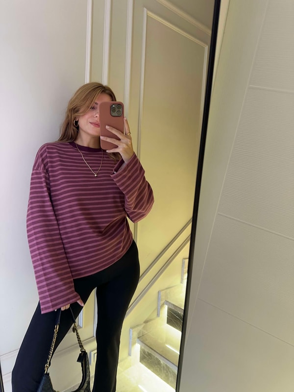 Kadın Çizgili Sweatshirt - BordoPembe