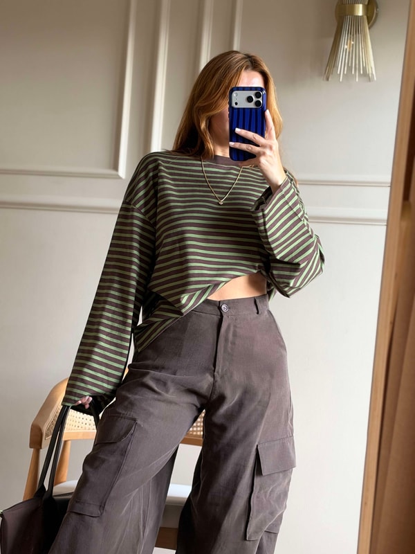 Çizgili Sweatshirt - KahveHaki