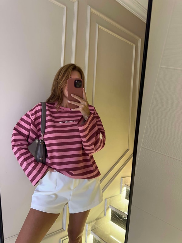 Kadın Doing Ny Nakış Çizgili Sweatshirt - Pembe