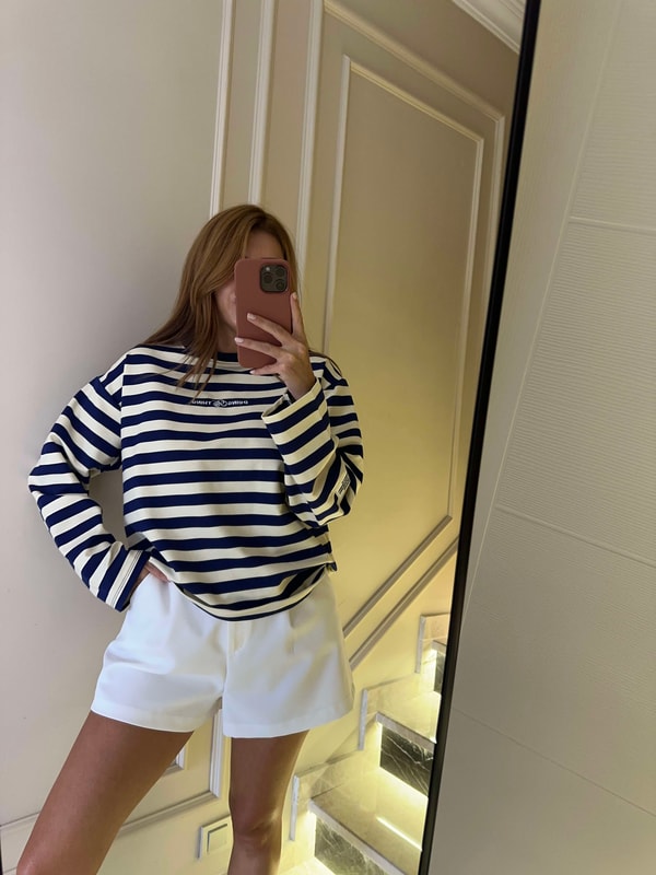 Kadın Doing Ny Nakış Çizgili Sweatshirt - Lacivert