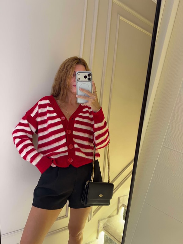 Kadın Düğmeli Çizgili Triko Hırka - Kırmızı