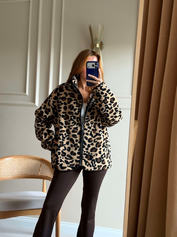 Kadın Fermuarlı Peluş Ceket - Açık Leopar