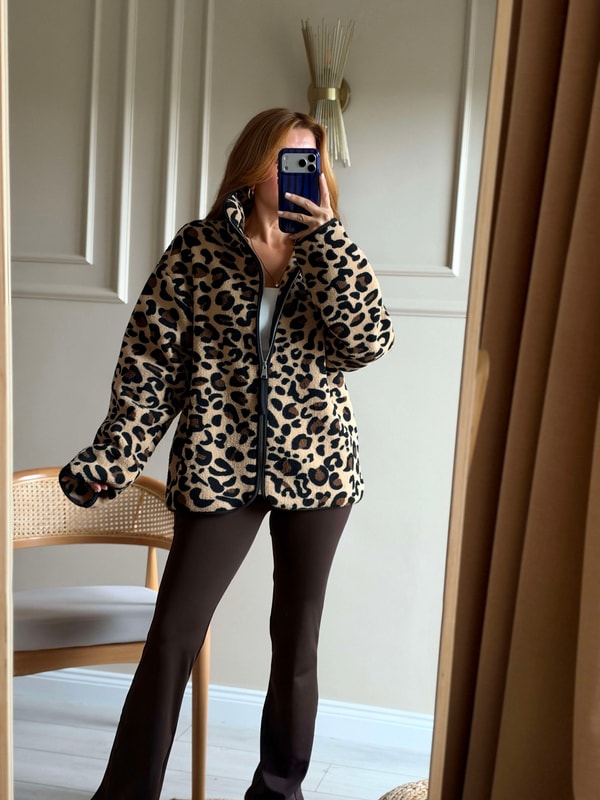 Kadın Fermuarlı Peluş Ceket - Açık Leopar