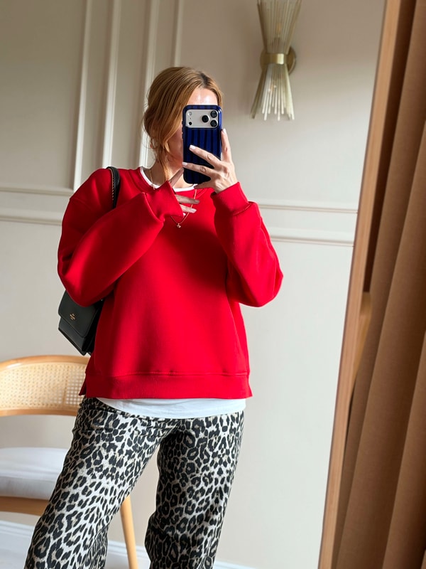 Kadın İkili Uzun Şardonlu Sweatshirt - Kırmızı