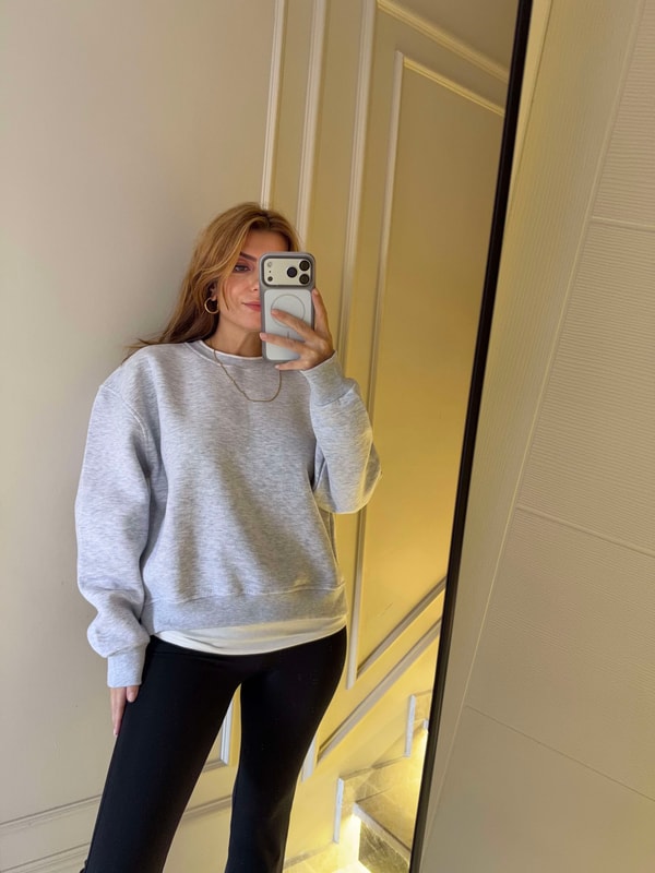 Kadın İkili Uzun Şardonlu Sweatshirt - Melanj Gri