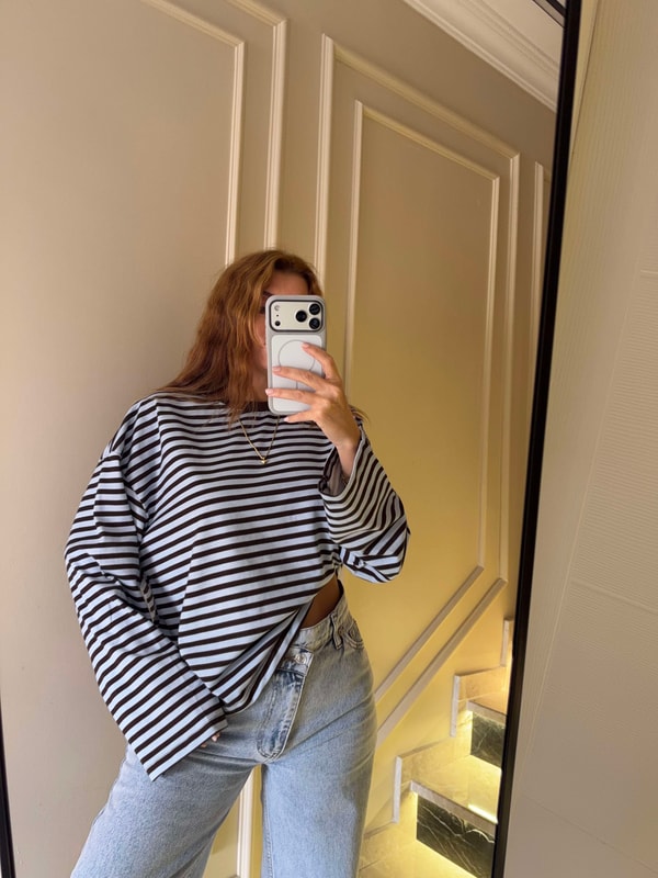 Çizgili Sweatshirt - KahveMavi