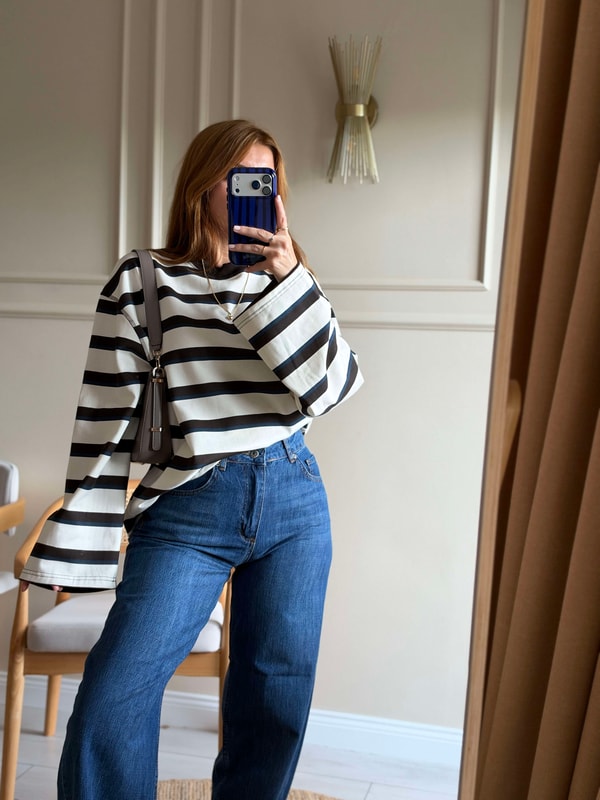 Kadın Kalın Çizgili Sweatshirt - EkruKahve