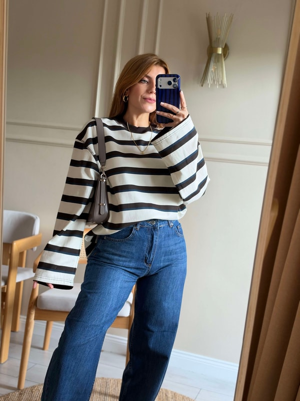 Kadın Kalın Çizgili Sweatshirt - EkruKahve