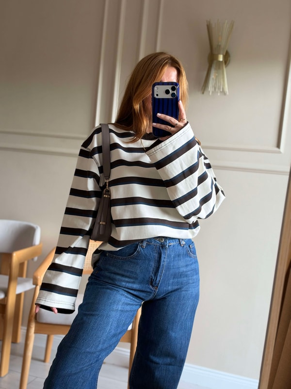 Kadın Kalın Çizgili Sweatshirt - EkruKahve