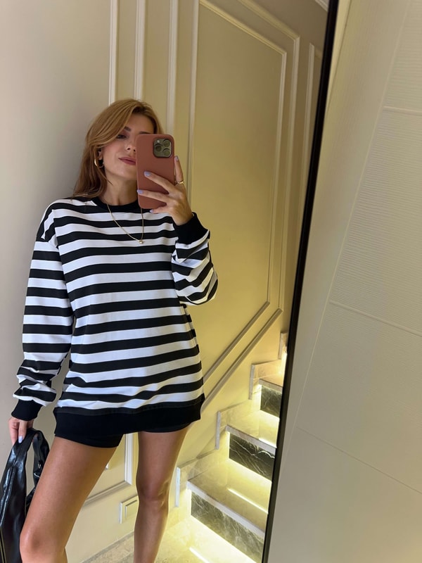 Kadın Kalın Çizgili Sweatshirt - Siyah