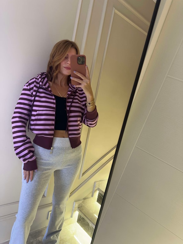 Kadın Kapşonlu Çizgili Sweatshirt - BordoLila