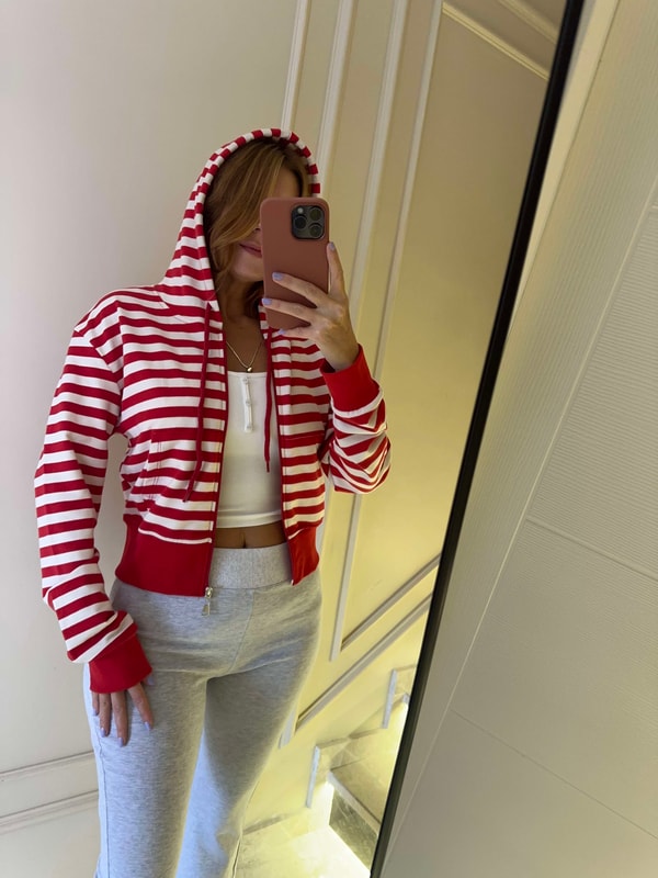 Kadın Kapşonlu Çizgili Sweatshirt - KırmızıBeyaz