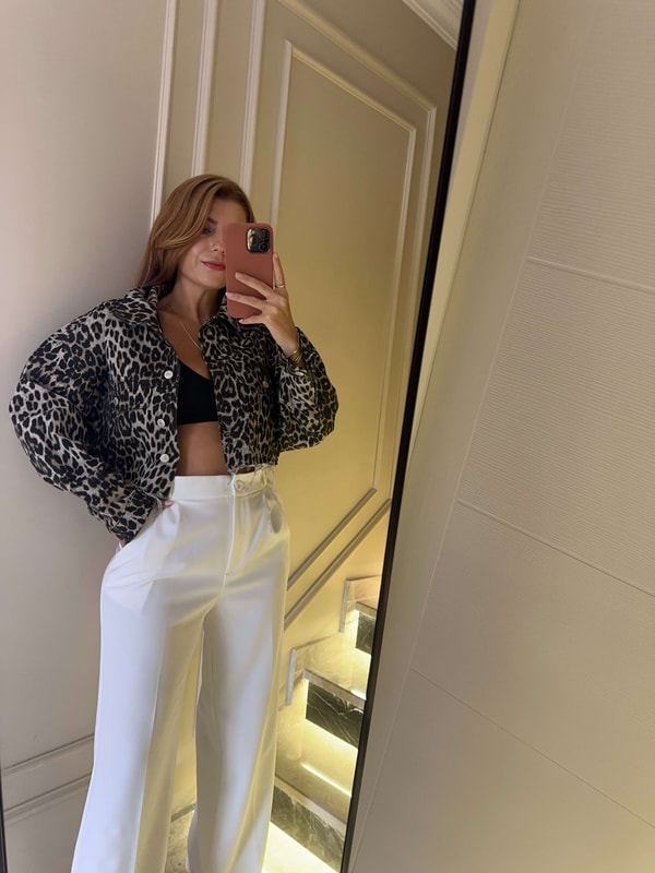 Kadın Leopar Crop Kot Ceket