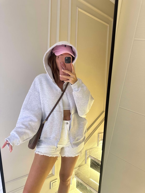 Kadın Melanj Gri Fermuarlı Oversize Hırka