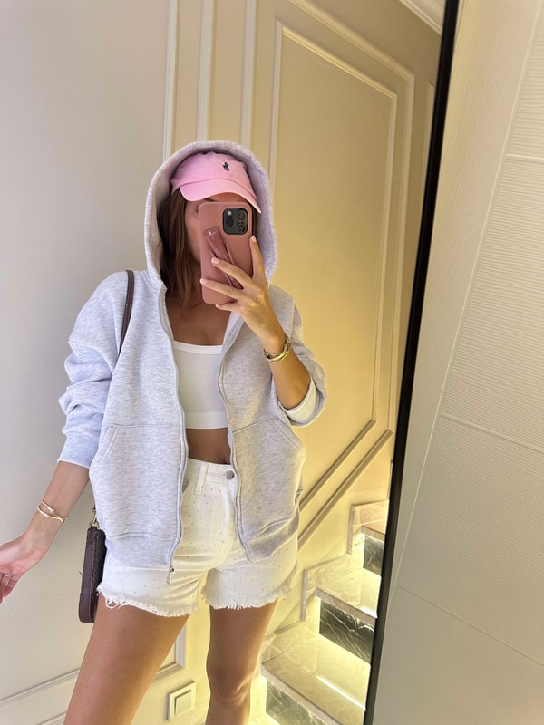 Kadın Melanj Gri Fermuarlı Oversize Hırka