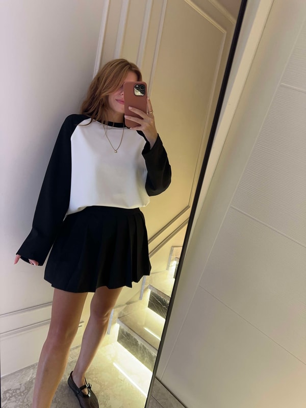 Kadın Modal Kumaş Çift Renk Bluz - SiyahBeyaz