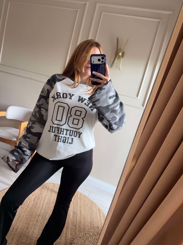 Kadın New York Kamuflaj Reglan Sweatshirt - Gri