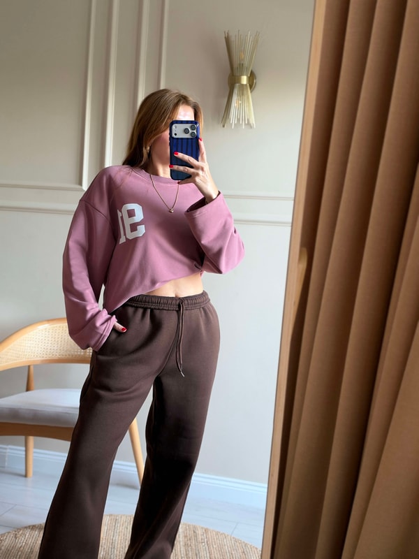 Kadın Ön Arka 91 Baskılı Sweatshirt - Gül Kurusu