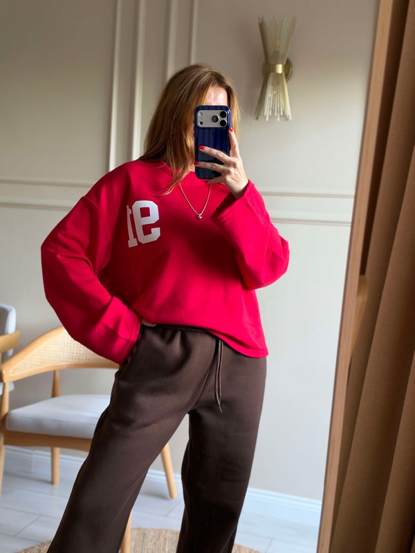 Kadın Ön Arka 91 Baskılı Sweatshirt - Kırmızı