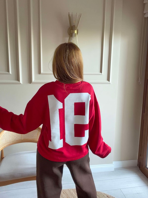 Kadın Ön Arka 91 Baskılı Sweatshirt - Kırmızı