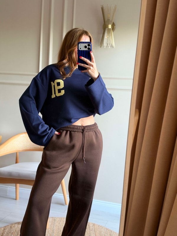 Kadın Ön Arka 91 Baskılı Sweatshirt - Lacivert