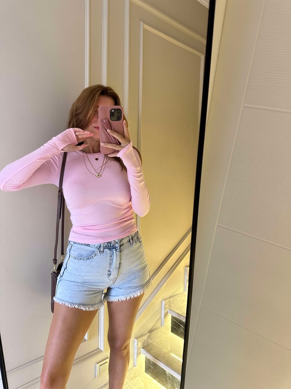 Kadın Pembe Bisiklet Yaka Parmak Geçmeli Bluz