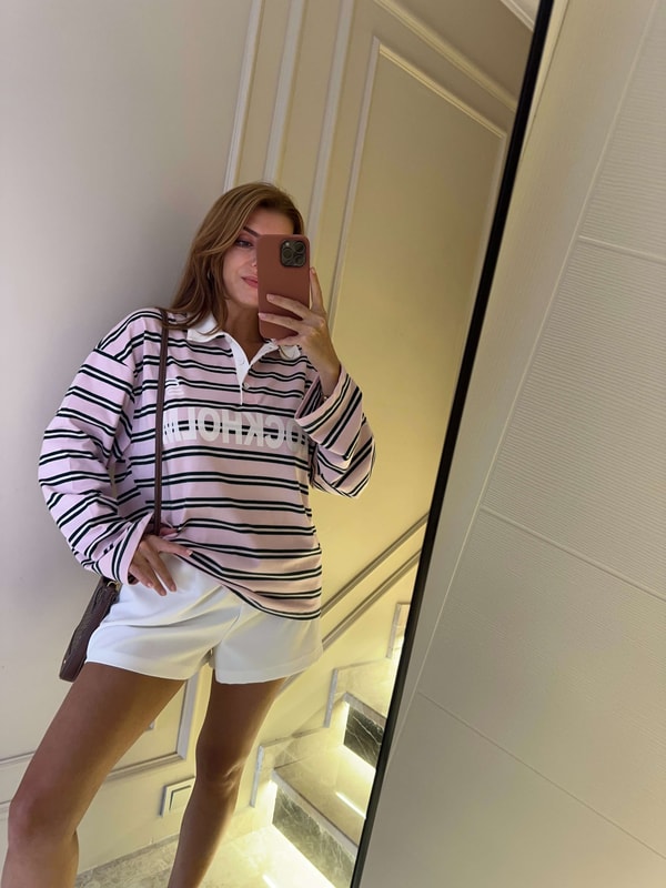 Kadın Polo Yaka Çizgili Sweatshirt - PembeYeşil