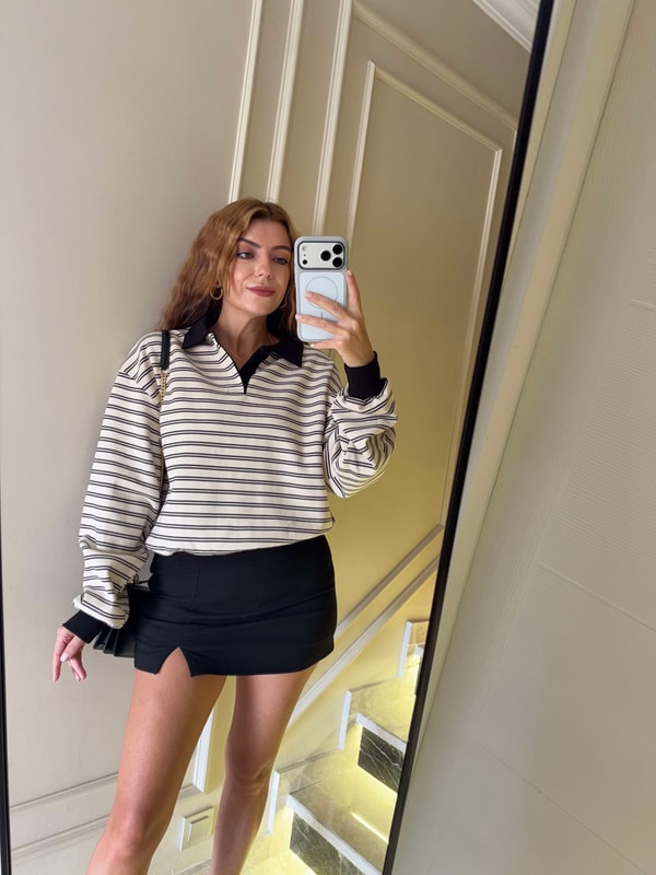 Kadın Polo Yaka Çizgili Sweatshirt - SiyahBej