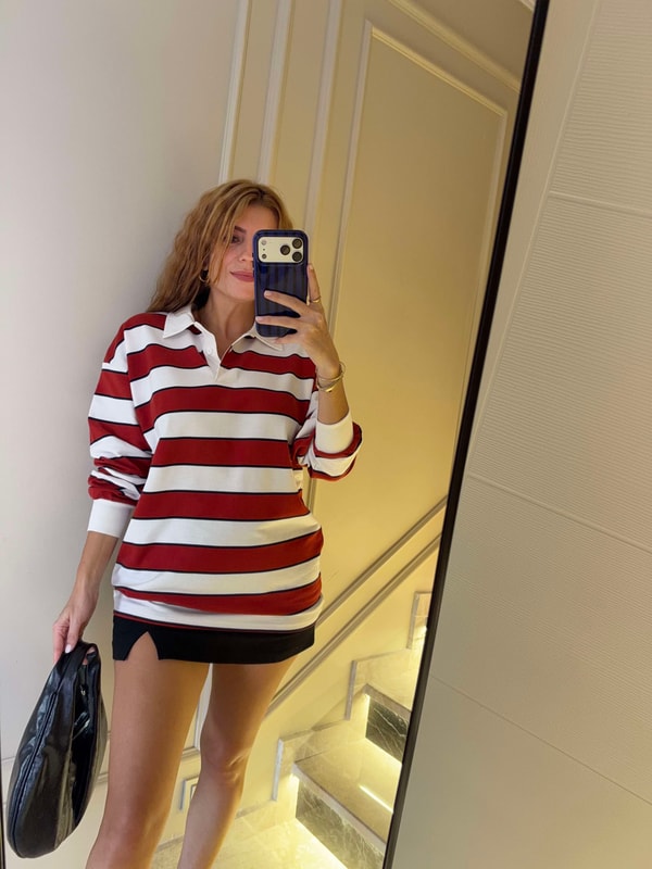 Kadın Polo Yaka Kalın Çizgili Sweatshirt - KırmızıBeyaz