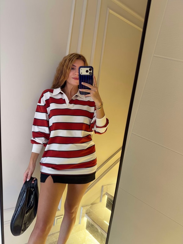 Kadın Polo Yaka Kalın Çizgili Sweatshirt - KırmızıBeyaz